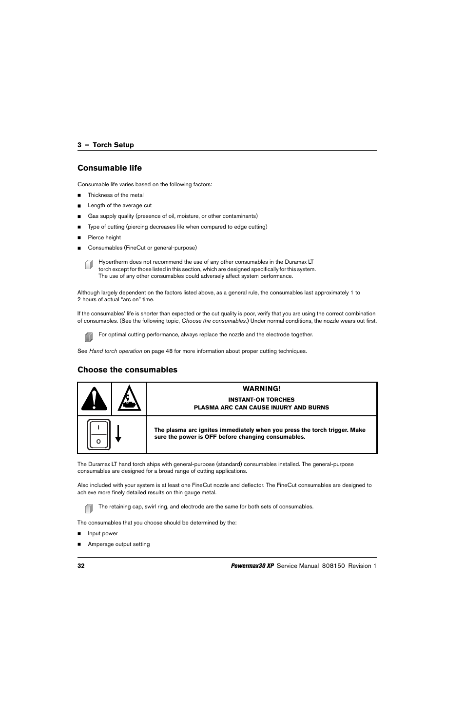 Consumable life, Choose the consumables | Hypertherm Powermax30 XP Service Manual User Manual | Page 32 / 201