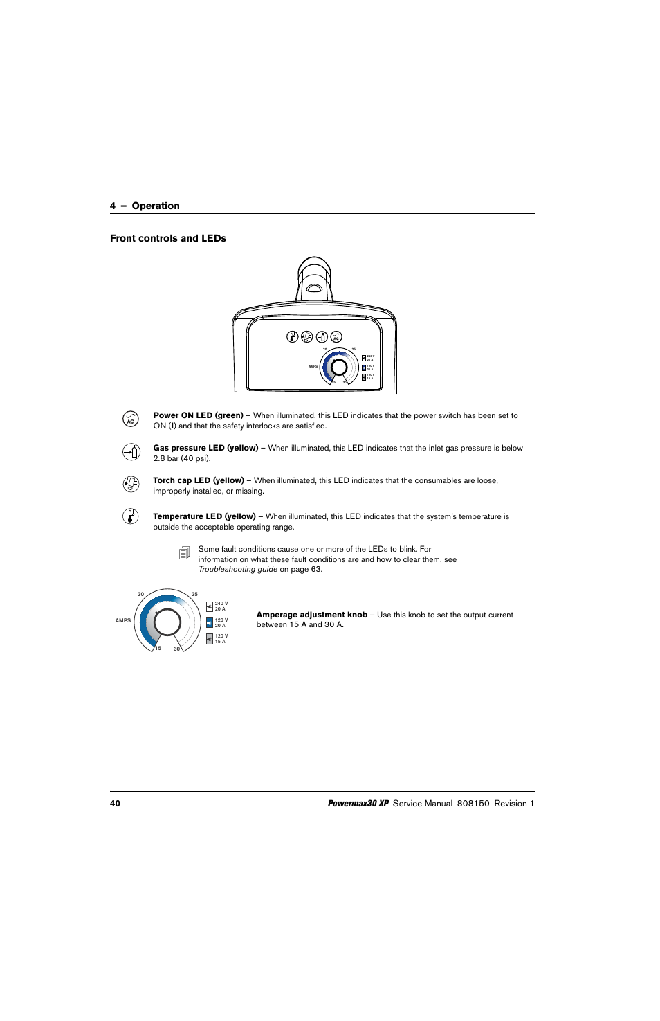 Front controls and leds, 4 – operation front controls and leds | Hypertherm Powermax30 XP Service Manual User Manual | Page 40 / 201