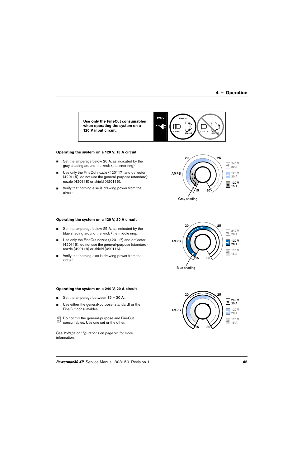 Operating the system on a 120 v, 15 a circuit, Operating the system on a 120 v, 20 a circuit, Operating the system on a 240 v, 20 a circuit | 4 – operation | Hypertherm Powermax30 XP Service Manual User Manual | Page 45 / 201