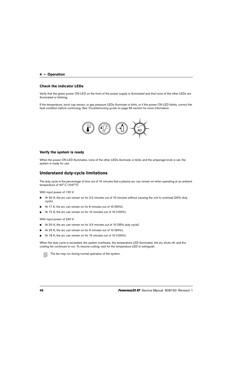 Check the indicator leds, Verify the system is ready, Understand duty-cycle limitations | Hypertherm Powermax30 XP Service Manual User Manual | Page 46 / 201