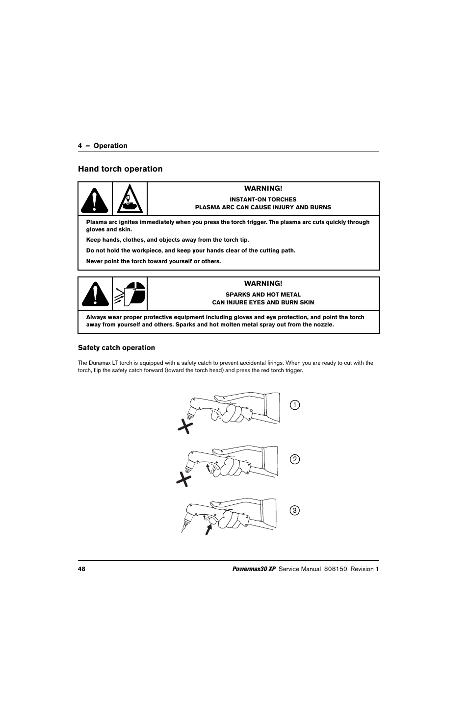 Hand torch operation, Safety catch operation | Hypertherm Powermax30 XP Service Manual User Manual | Page 48 / 201