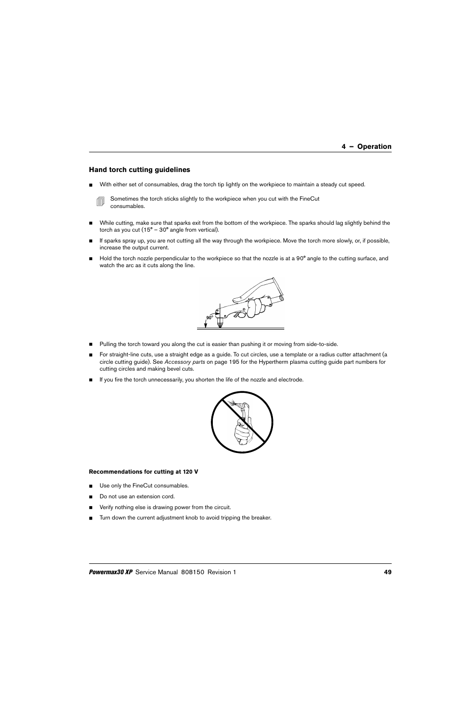 Hand torch cutting guidelines, Recommendations for cutting at 120 v | Hypertherm Powermax30 XP Service Manual User Manual | Page 49 / 201