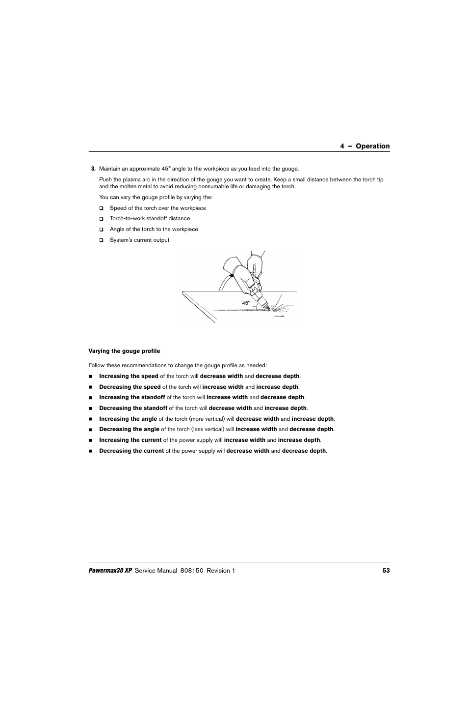 Varying the gouge profile, 4 – operation | Hypertherm Powermax30 XP Service Manual User Manual | Page 53 / 201