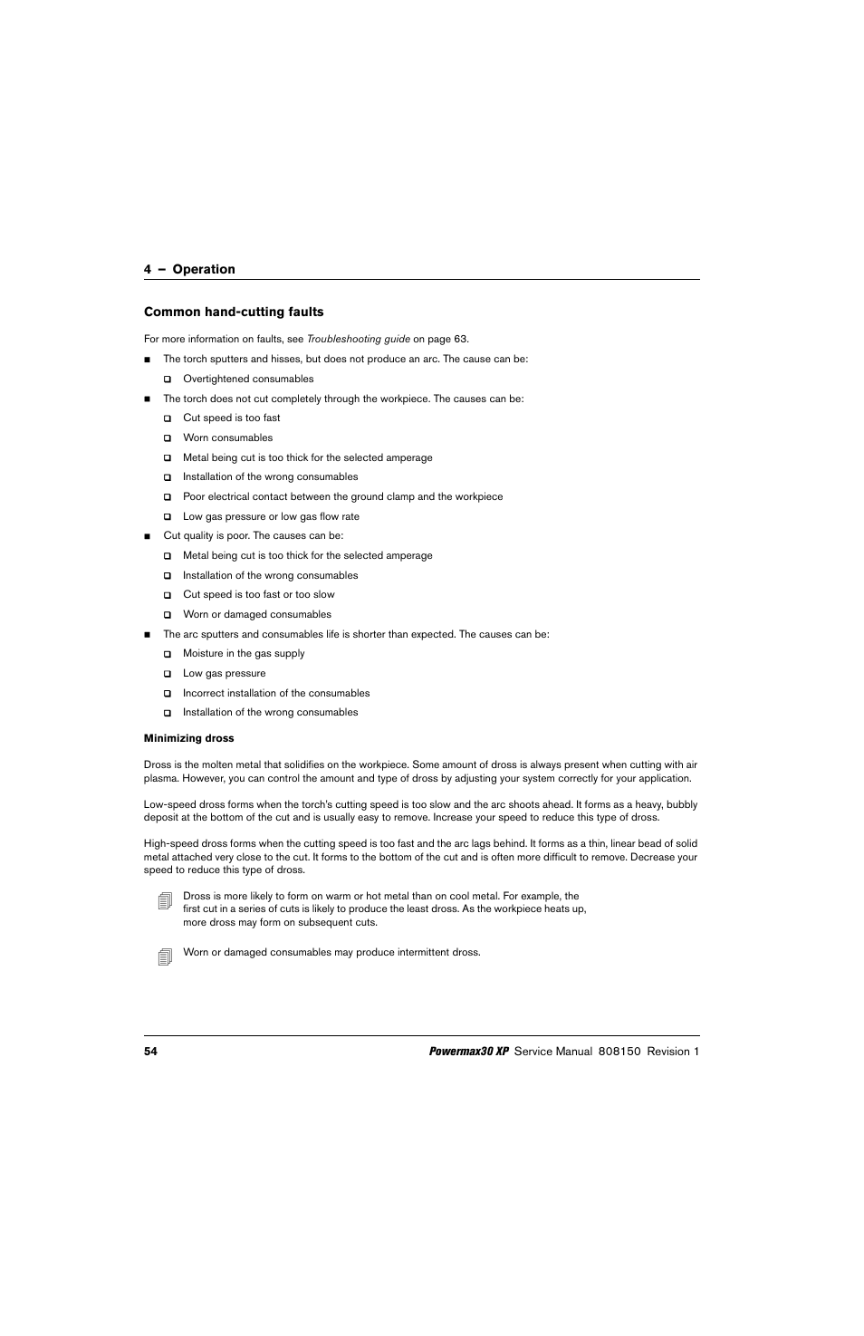 Common hand-cutting faults, Minimizing dross | Hypertherm Powermax30 XP Service Manual User Manual | Page 54 / 201