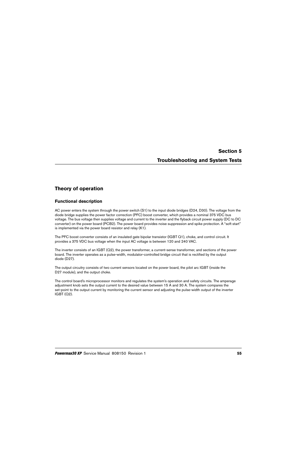 Troubleshooting and system tests, Theory of operation, Functional description | Hypertherm Powermax30 XP Service Manual User Manual | Page 55 / 201