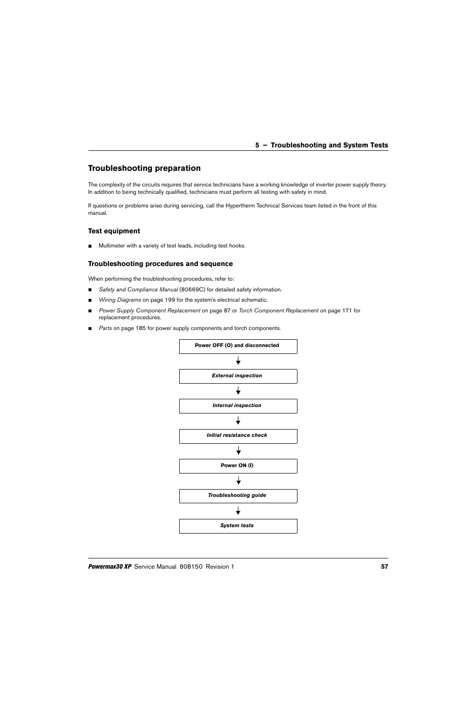 Troubleshooting preparation, Test equipment, Troubleshooting procedures and sequence | Hypertherm Powermax30 XP Service Manual User Manual | Page 57 / 201