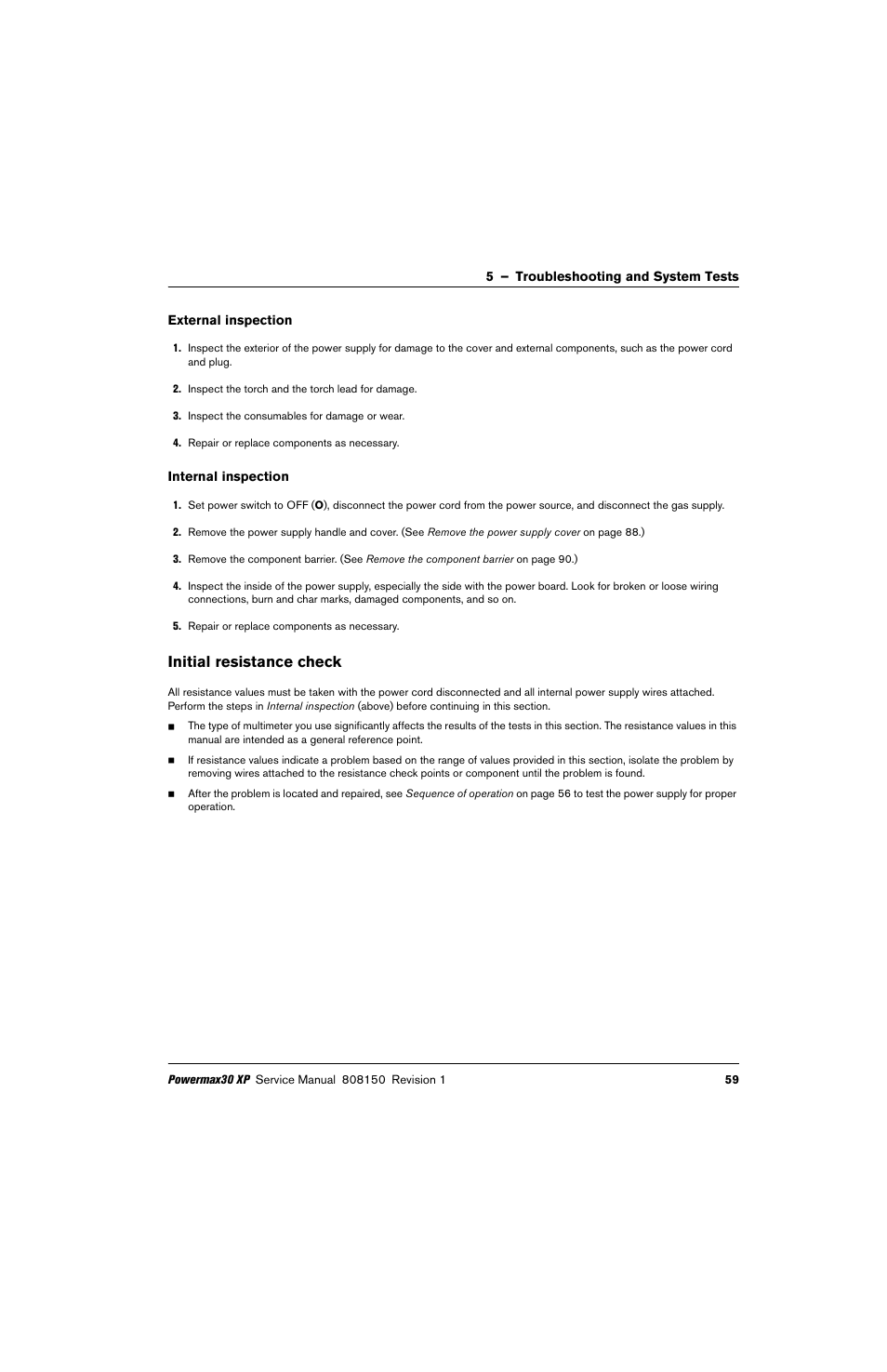 External inspection, Internal inspection, Initial resistance check | Hypertherm Powermax30 XP Service Manual User Manual | Page 59 / 201