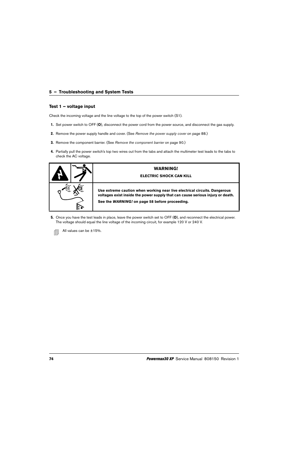 Test 1 – voltage input | Hypertherm Powermax30 XP Service Manual User Manual | Page 74 / 201