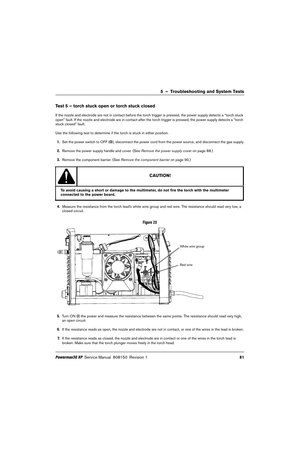 Test 5 – torch stuck open or torch stuck closed, Test 5 – torch stuck | Hypertherm Powermax30 XP Service Manual User Manual | Page 81 / 201