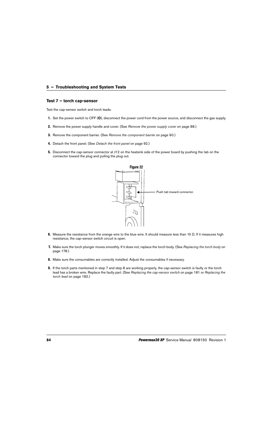 Test 7 – torch cap-sensor, Test 7 – torch | Hypertherm Powermax30 XP Service Manual User Manual | Page 84 / 201