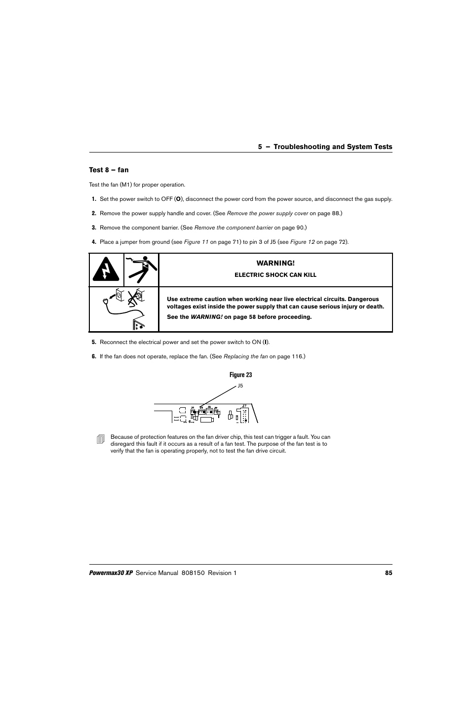 Test 8 – fan, Test 8 – fan on | Hypertherm Powermax30 XP Service Manual User Manual | Page 85 / 201