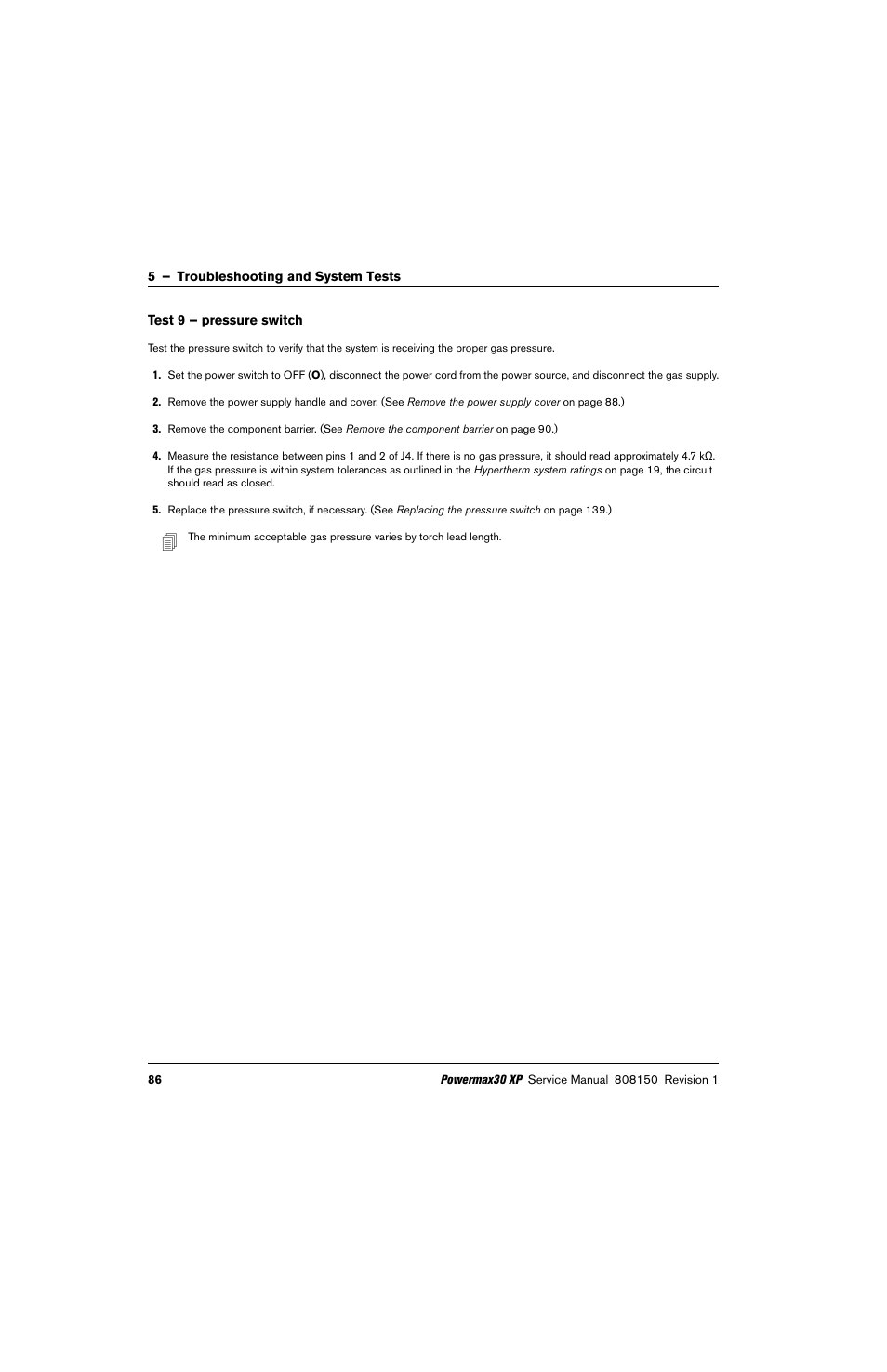 Test 9 – pressure switch, Test 9 – pressure | Hypertherm Powermax30 XP Service Manual User Manual | Page 86 / 201