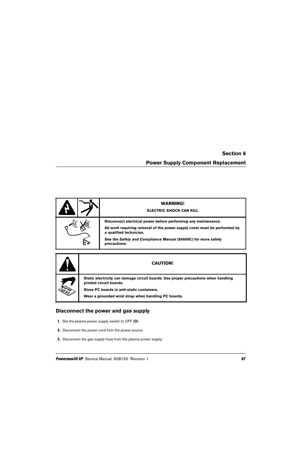 Power supply component replacement, Disconnect the power and gas supply | Hypertherm Powermax30 XP Service Manual User Manual | Page 87 / 201