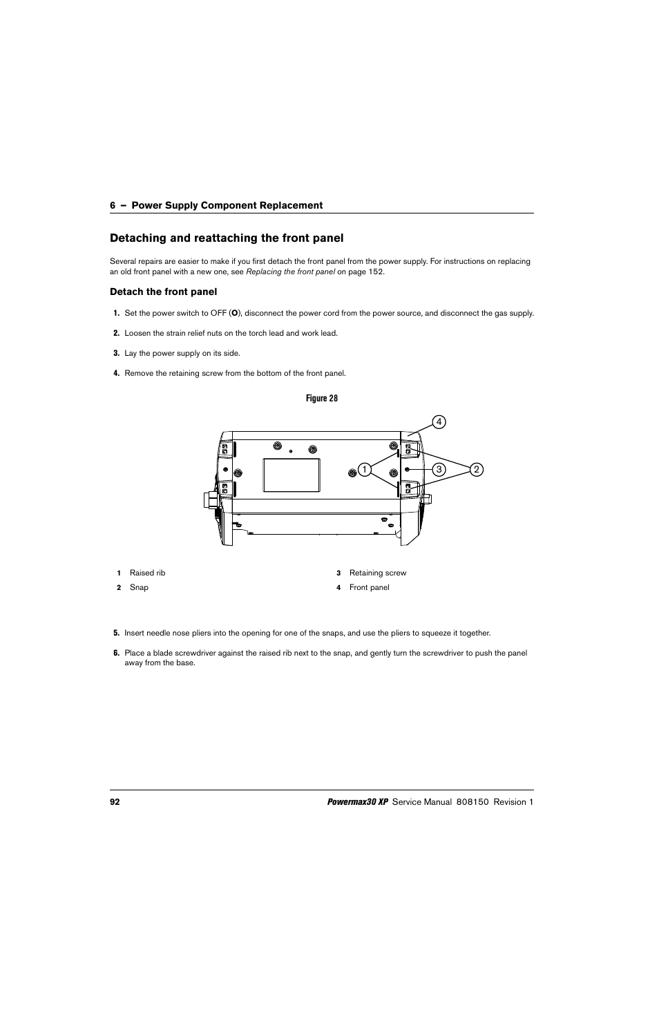 Detaching and reattaching the front panel, Detach the front panel | Hypertherm Powermax30 XP Service Manual User Manual | Page 92 / 201