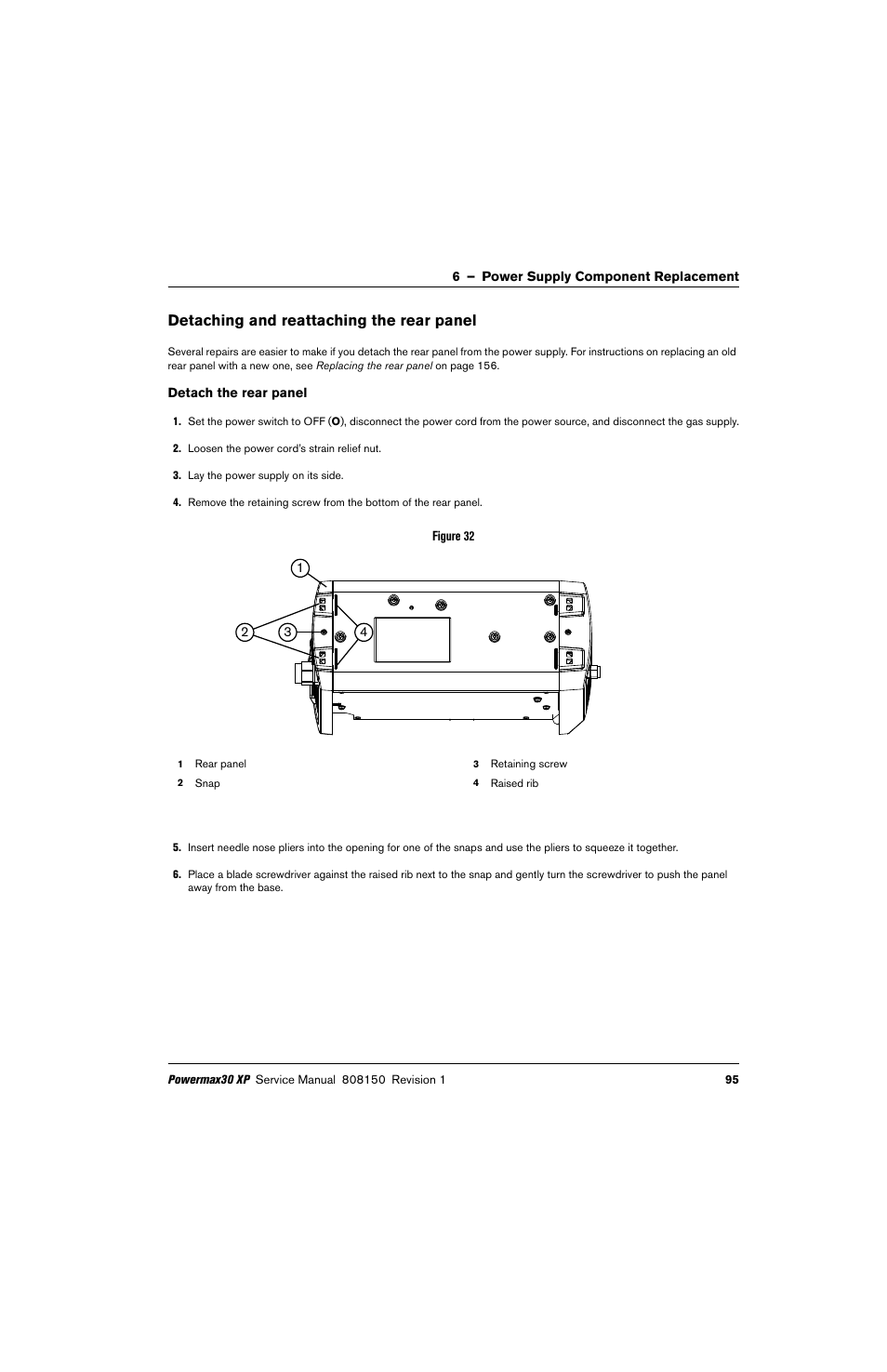 Detaching and reattaching the rear panel, Detach the rear panel | Hypertherm Powermax30 XP Service Manual User Manual | Page 95 / 201