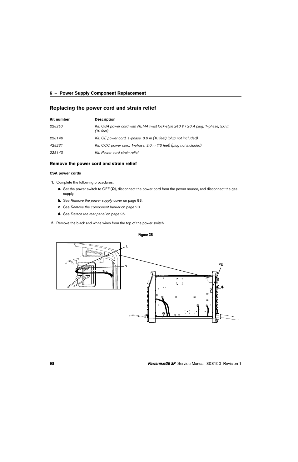 Replacing the power cord and strain relief, Remove the power cord and strain relief | Hypertherm Powermax30 XP Service Manual User Manual | Page 98 / 201