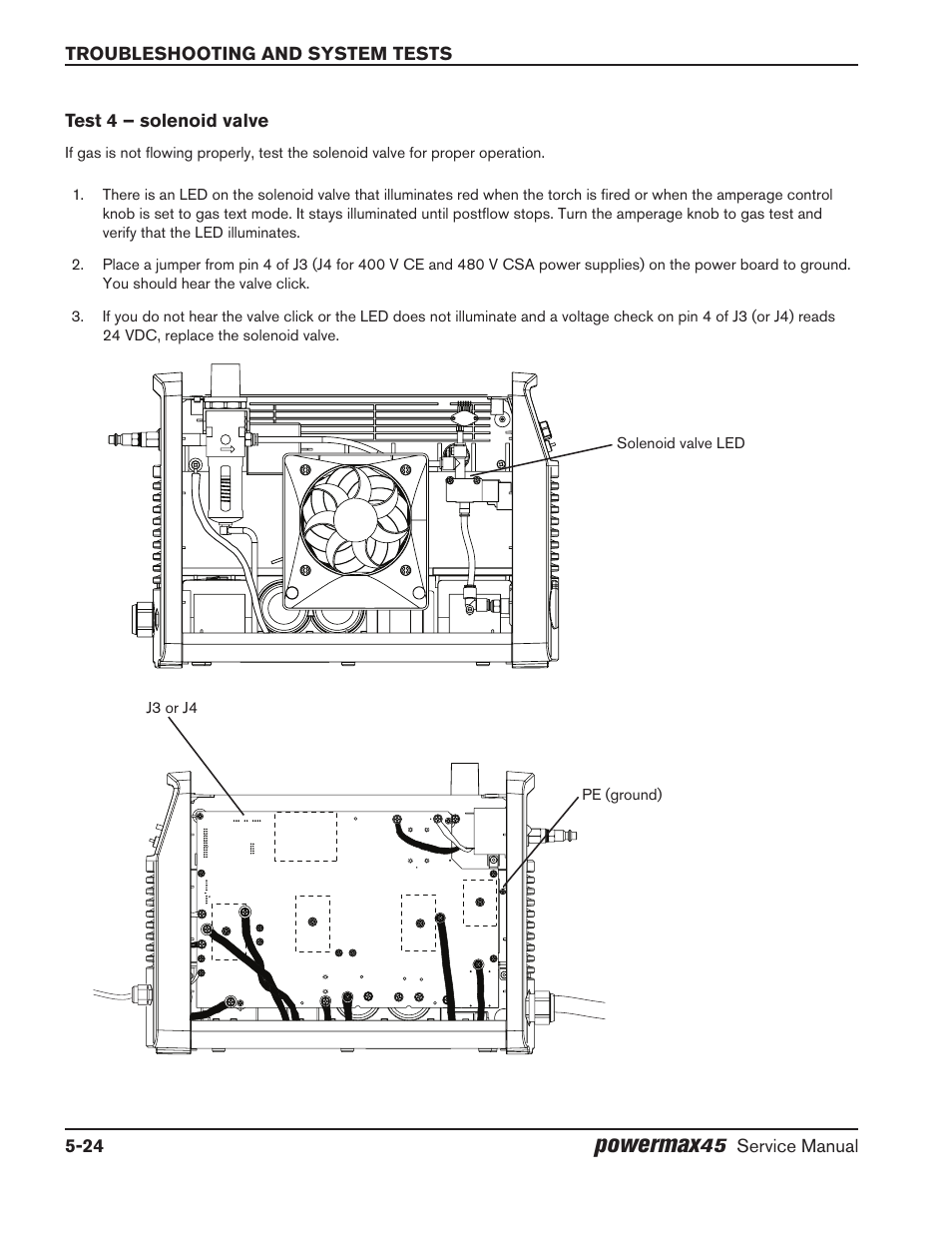 Test 4 – solenoid valve, Test 4 – solenoid valve -24, Test 4 – solenoid | Powermax, Troubleshooting and system tests 5-24, Service manual test 4 – solenoid valve | Hypertherm Powermax45 Service Manual User Manual | Page 100 / 149