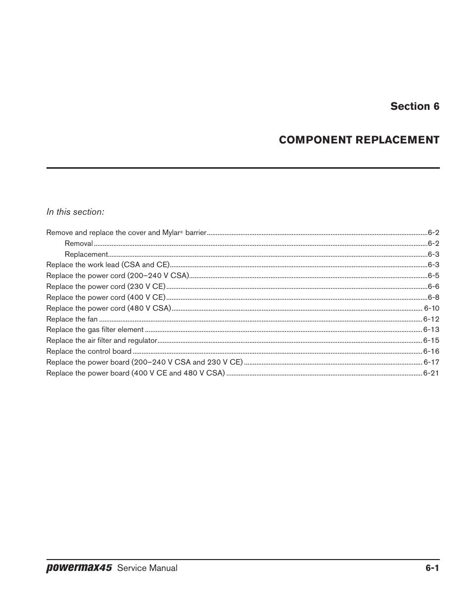 Section 6, Component replacement, Section 6 component replacement | Powermax | Hypertherm Powermax45 Service Manual User Manual | Page 105 / 149