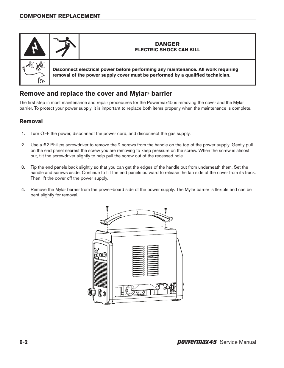 Remove and replace the cover and mylar® barrier, Removal, Remove and replace the cover and mylar | Barrier -2, Removal -2, Powermax, Barrier | Hypertherm Powermax45 Service Manual User Manual | Page 106 / 149