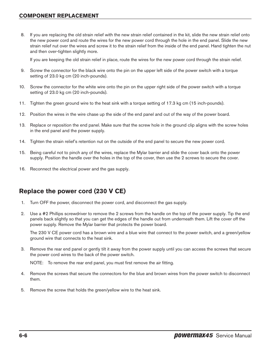 Replace the power cord (230 v ce), Replace the power cord (230 v ce) -6, Powermax | Hypertherm Powermax45 Service Manual User Manual | Page 110 / 149