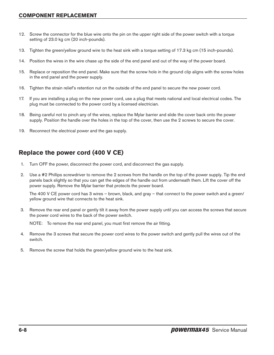 Replace the power cord (400 v ce), Replace the power cord (400 v ce) -8, Powermax | Hypertherm Powermax45 Service Manual User Manual | Page 112 / 149