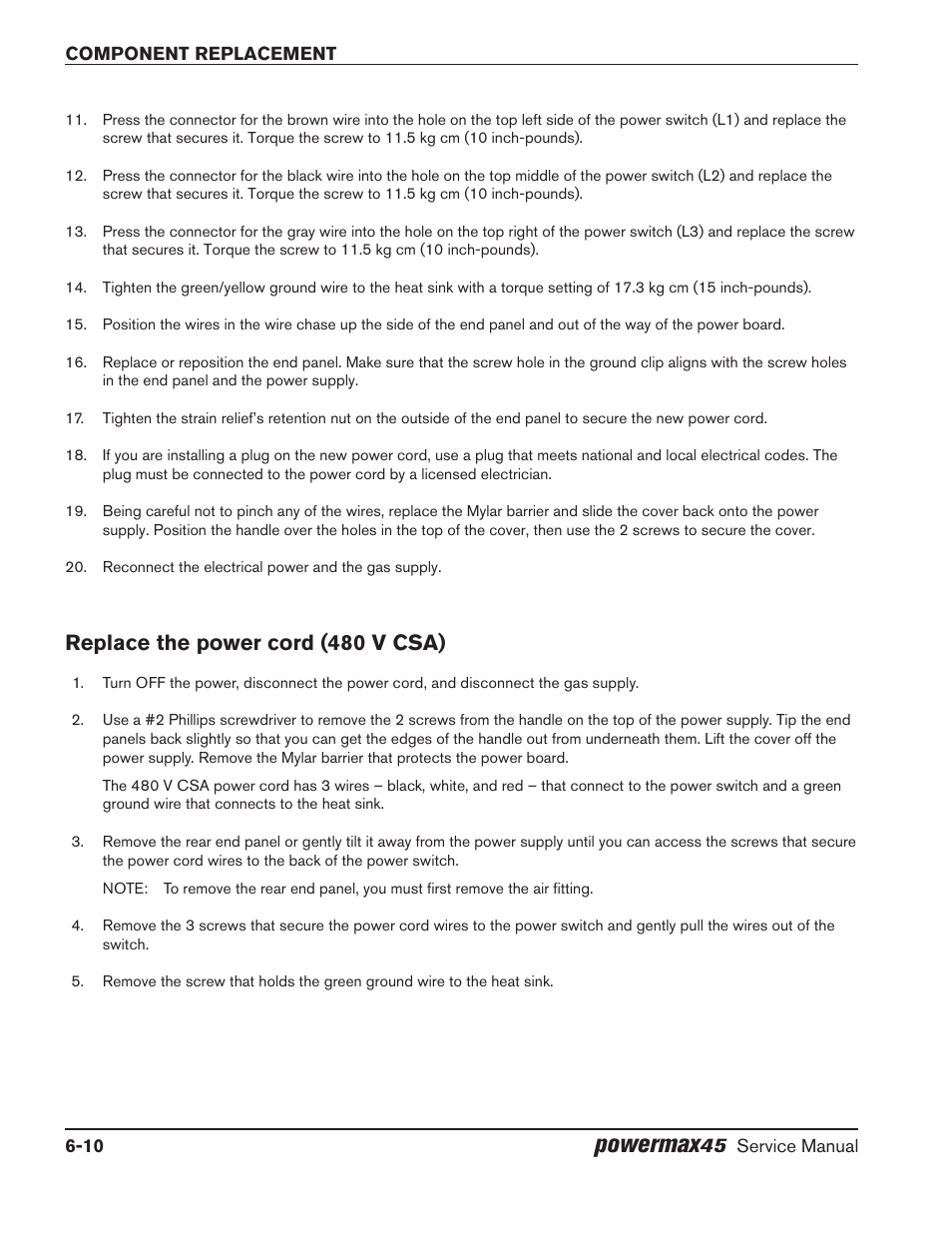 Replace the power cord (480 v csa), Replace the power cord (480 v csa) -10, Powermax | Hypertherm Powermax45 Service Manual User Manual | Page 114 / 149