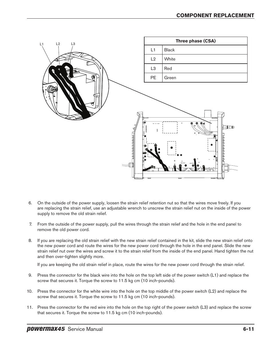 Powermax, Component replacement, Service manual 6-11 | Hypertherm Powermax45 Service Manual User Manual | Page 115 / 149