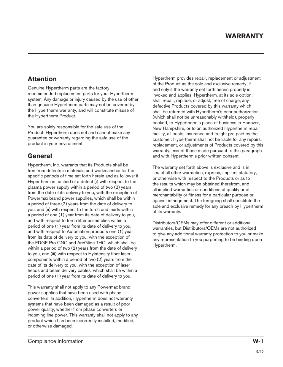 Warranty, Attention, General | Hypertherm Powermax45 Service Manual User Manual | Page 13 / 149