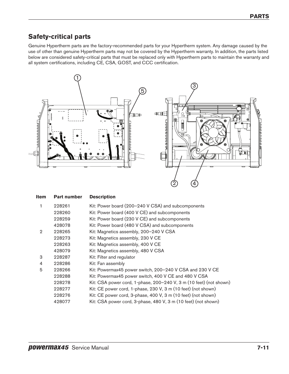 Safety-critical parts, Safety-critical parts -11, Powermax | Parts, Service manual 7-11 | Hypertherm Powermax45 Service Manual User Manual | Page 139 / 149