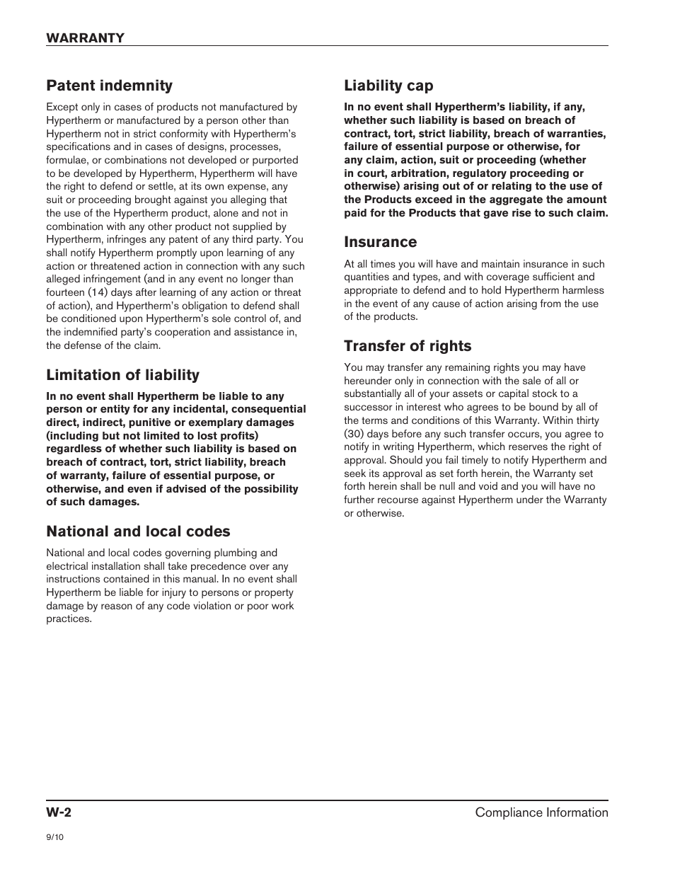 Patent indemnity, Limitation of liability, National and local codes | Liability cap, Insurance, Transfer of rights | Hypertherm Powermax45 Service Manual User Manual | Page 14 / 149