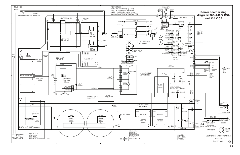 Lax100-np, 2uf 630vdc, 75k 2w | Y cap 300vac, Inv iprim, Gas pres, Ac - + 1 2, 8awg blk, Igbt temp, Mtg6 | Hypertherm Powermax45 Service Manual User Manual | Page 147 / 149