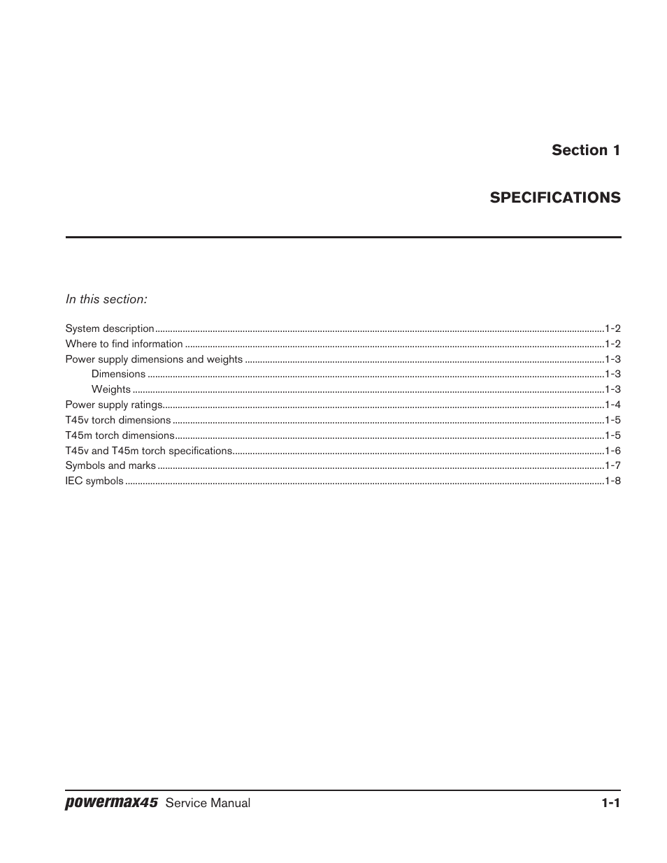 Section 1, Specifications, Section 1 specifications | Powermax | Hypertherm Powermax45 Service Manual User Manual | Page 15 / 149