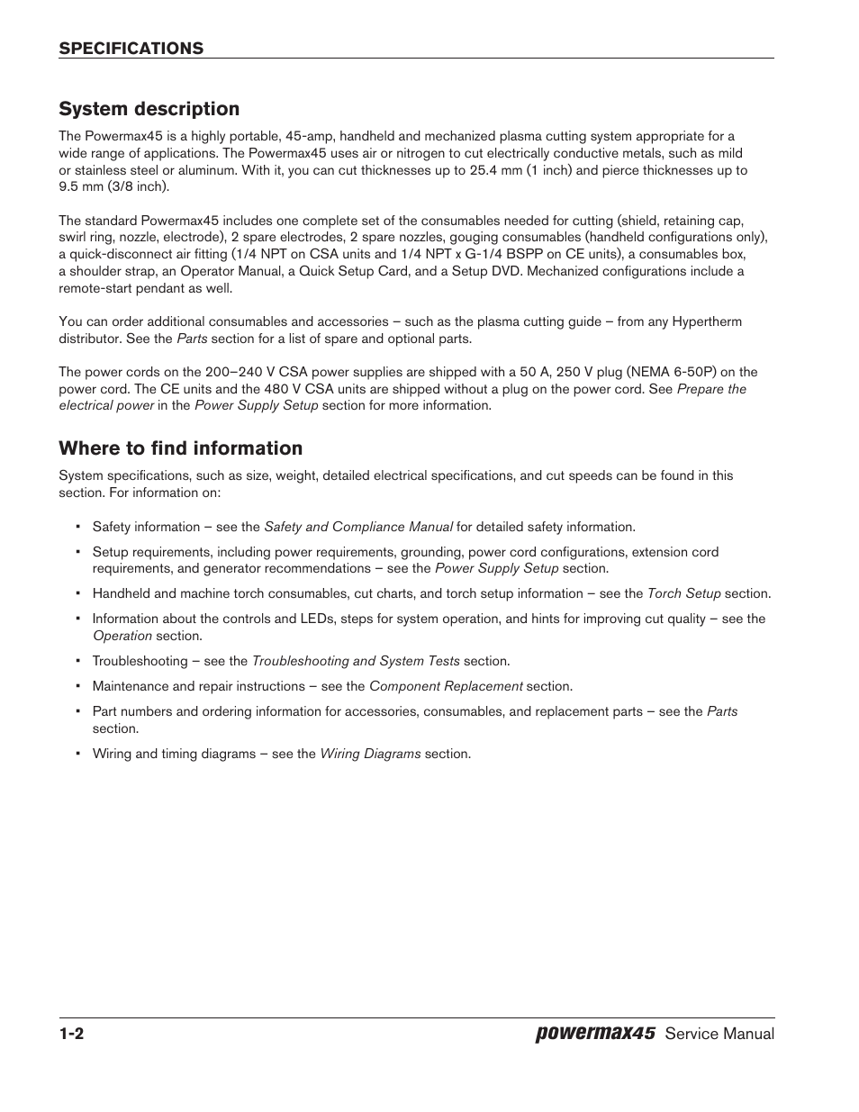 System description, Where to find information, System description -2 where to find information -2 | Powermax | Hypertherm Powermax45 Service Manual User Manual | Page 16 / 149