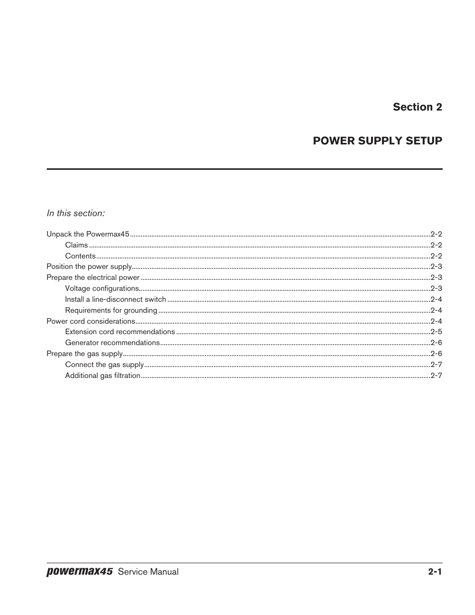 Section 2, Power supply setup, Section 2 power supply setup | Powermax | Hypertherm Powermax45 Service Manual User Manual | Page 23 / 149