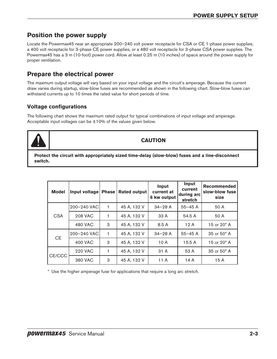 Position the power supply, Prepare the electrical power, Voltage configurations | Voltage configurations -3, Powermax | Hypertherm Powermax45 Service Manual User Manual | Page 25 / 149