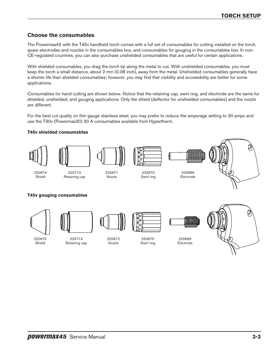 Choose the consumables, Choose the consumables -3, Powermax | Torch setup, Service manual 3-3 choose the consumables | Hypertherm Powermax45 Service Manual User Manual | Page 33 / 149