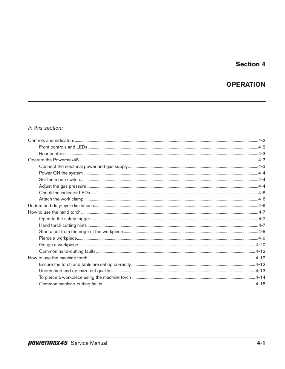 Section 4, Operation, Section 4 operation | Powermax | Hypertherm Powermax45 Service Manual User Manual | Page 61 / 149