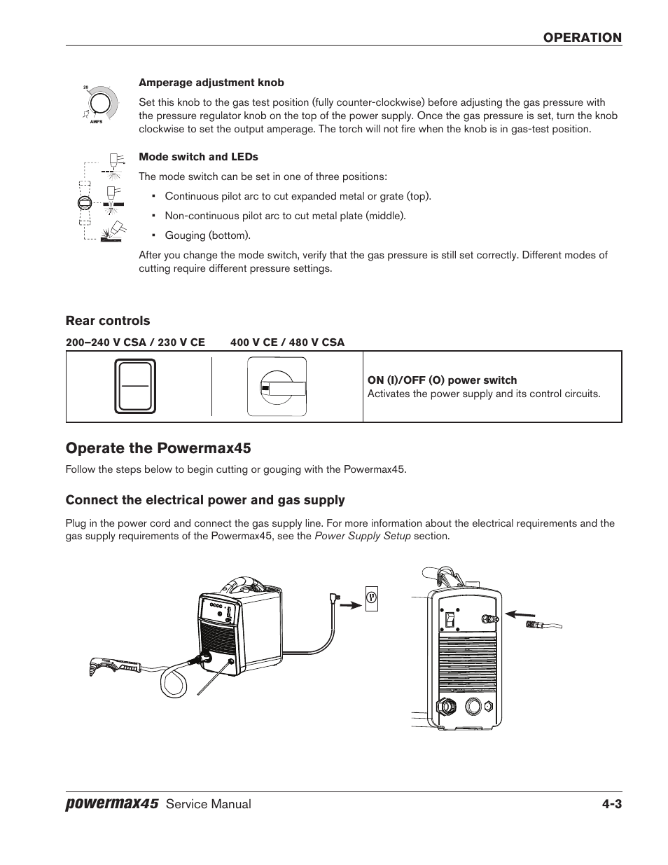 Rear controls, Operate the powermax45, Connect the electrical power and gas supply | Rear controls -3, Operate the powermax45 -3, Connect the electrical power and gas supply -3, Powermax | Hypertherm Powermax45 Service Manual User Manual | Page 63 / 149