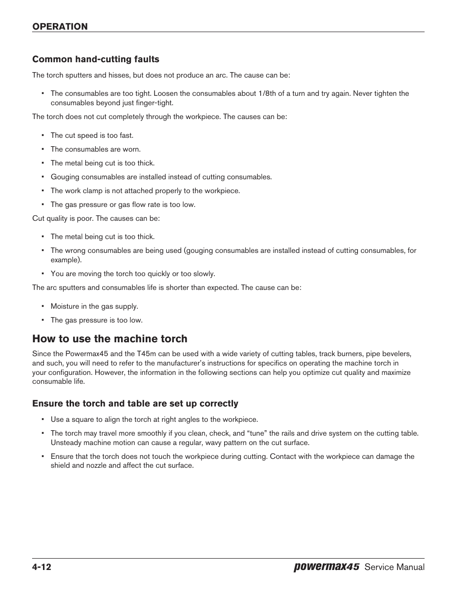 Common hand-cutting faults, How to use the machine torch, Ensure the torch and table are set up correctly | Common hand-cutting faults -12, How to use the machine torch -12, Powermax | Hypertherm Powermax45 Service Manual User Manual | Page 72 / 149