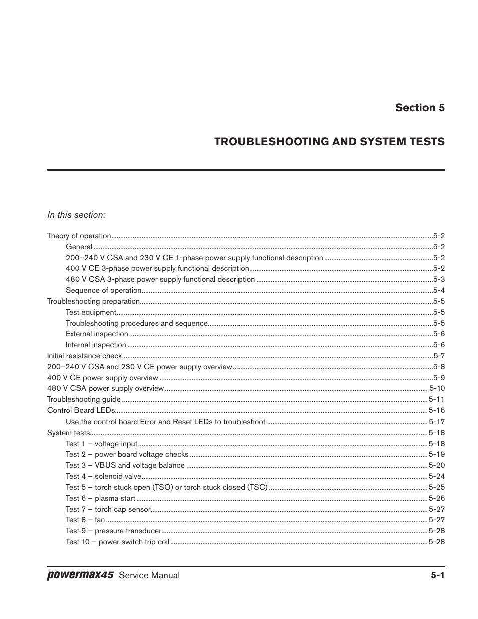 Section 5, Troubleshooting and system tests, Section 5 troubleshooting and system tests | Powermax | Hypertherm Powermax45 Service Manual User Manual | Page 77 / 149