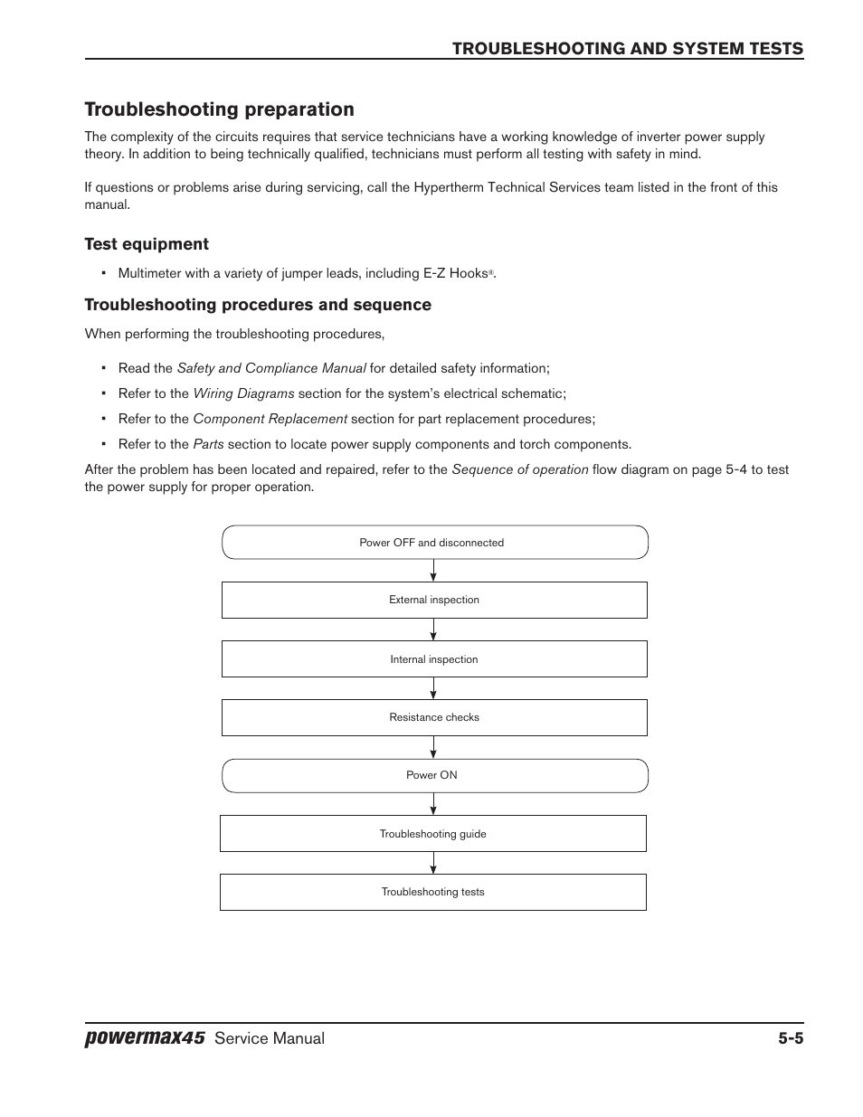 Troubleshooting preparation, Test equipment, Troubleshooting procedures and sequence | Troubleshooting preparation -5, Powermax | Hypertherm Powermax45 Service Manual User Manual | Page 81 / 149