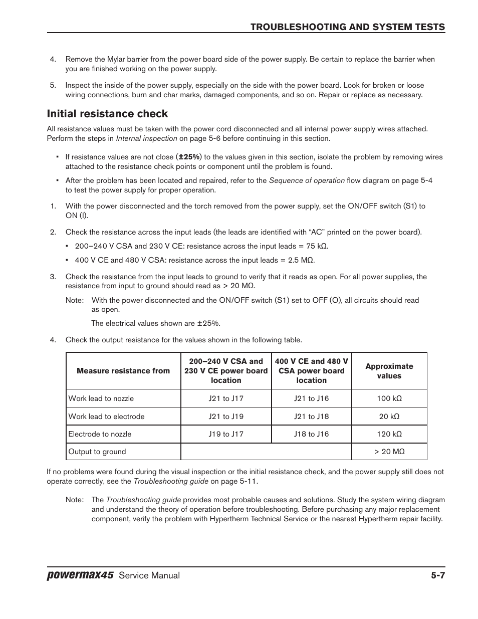 Initial resistance check, Initial resistance check -7, Powermax | Hypertherm Powermax45 Service Manual User Manual | Page 83 / 149