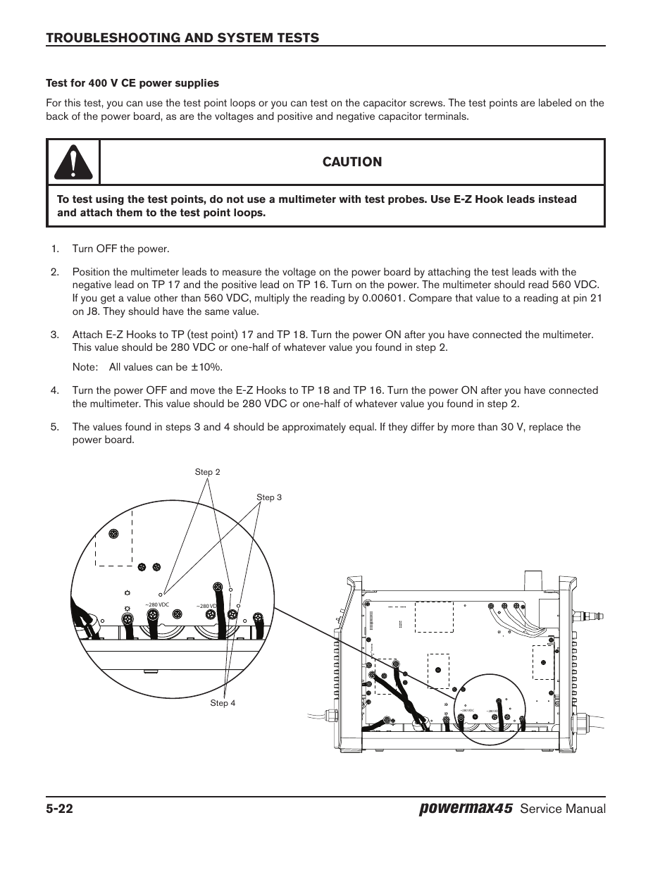 Powermax, Troubleshooting and system tests 5-22, Service manual | Caution | Hypertherm Powermax45 Service Manual User Manual | Page 98 / 149