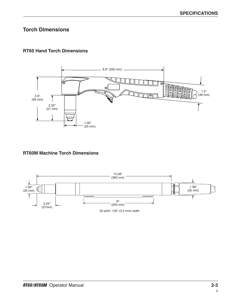 Torch dimensions, Rt60 hand torch dimensions, Rt60m machine torch dimensions | Hypertherm RT60 Retrofit Torch User Manual | Page 22 / 51