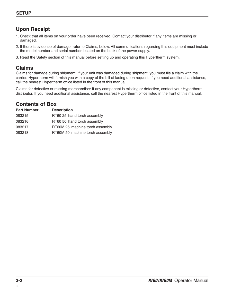 Upon receipt, Claims, Contents of box | Hypertherm RT60 Retrofit Torch User Manual | Page 25 / 51