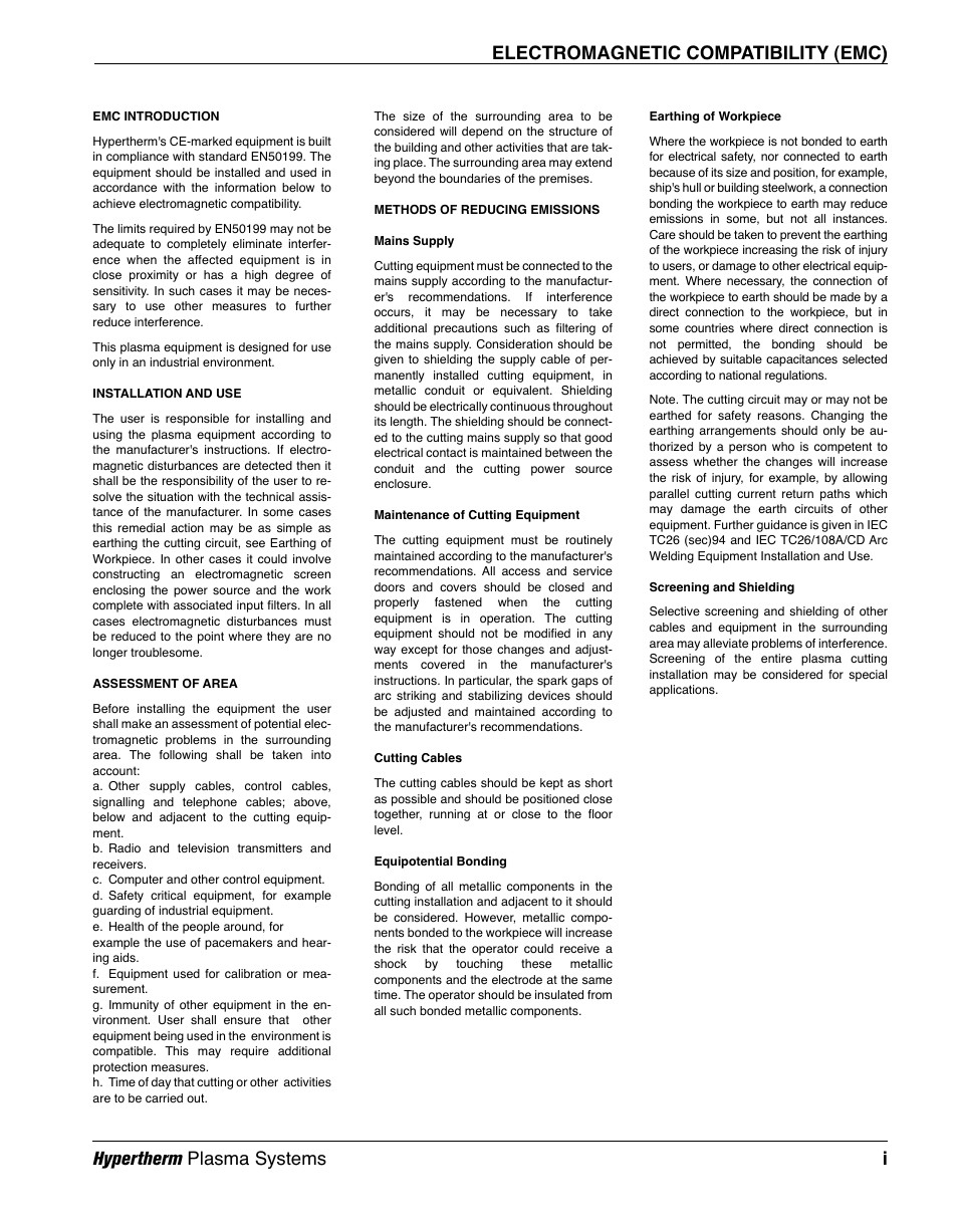 Electromagnetic compatibility (emc), Hypertherm plasma systems i | Hypertherm RT60 Retrofit Torch User Manual | Page 4 / 51