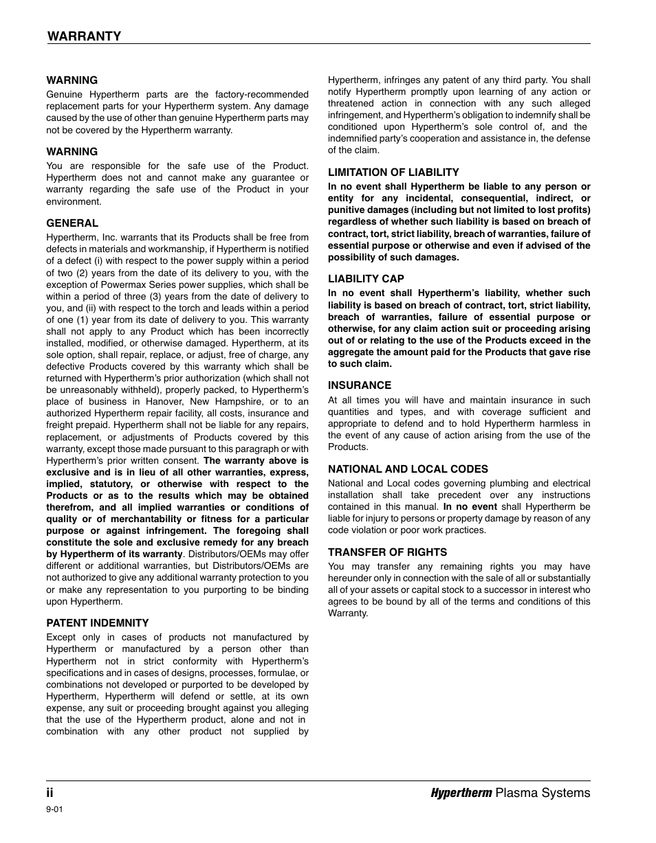 Warranty ii hypertherm plasma systems | Hypertherm RT60 Retrofit Torch User Manual | Page 5 / 51