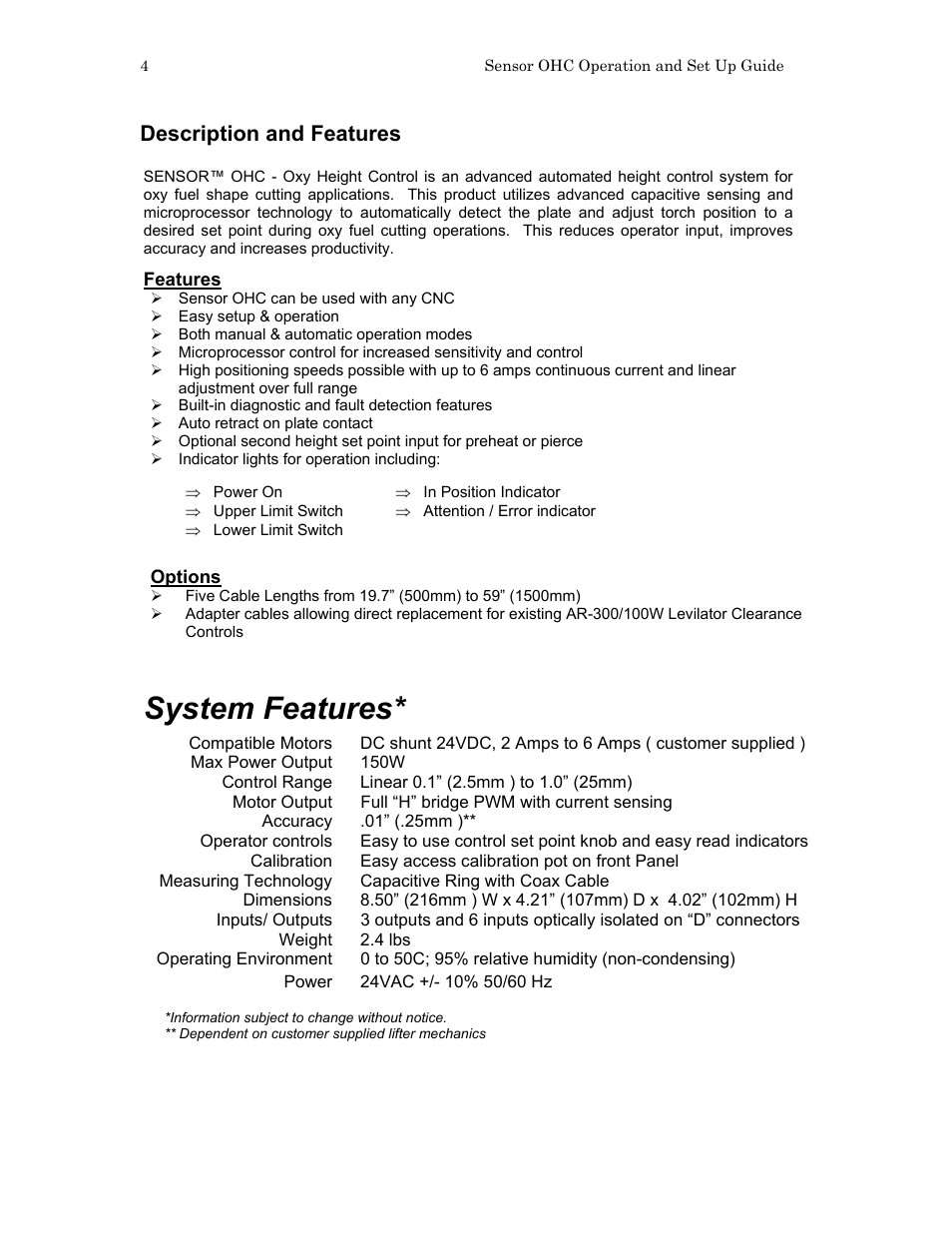 System features, Description and features | Hypertherm SensorOHC User Manual | Page 8 / 26