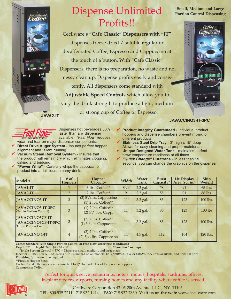 Dispense unlimited profits | Cecilware JAVACCINO3-IT User Manual | Page 2 / 2