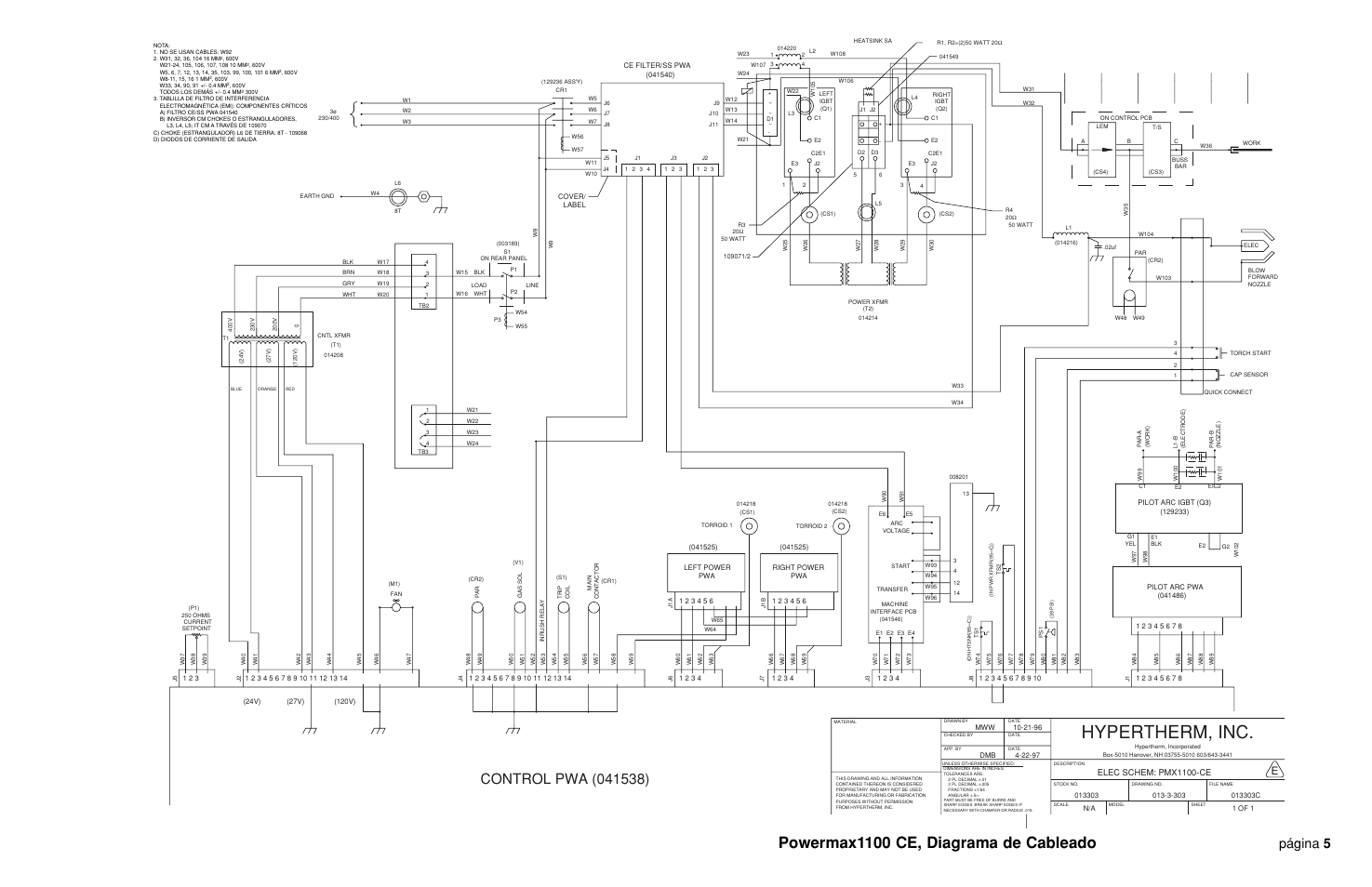 Hypertherm, inc, Powermax1100 ce, diagrama de cableado, Página 5 | Hypertherm Powermax190c Troubleshooting Guide User Manual | Page 49 / 66